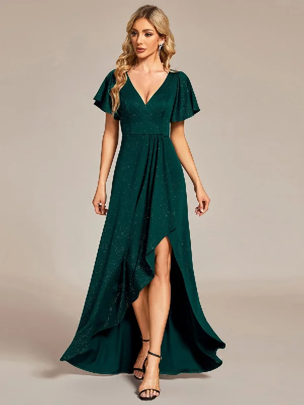 winter dressGlitter High-Low Front Side Slit Ruffled V-Neck Evening Dress