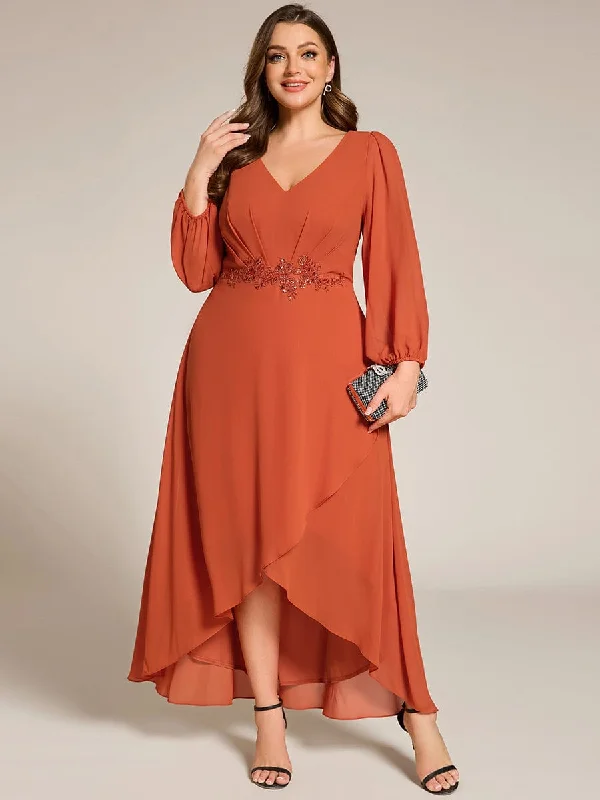 trendy bodycon dressNora | Plus Size V-Neck Long Sleeves Chiffon Formal Evening Dress with Applique