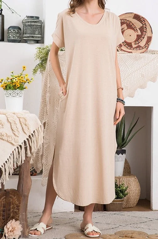 evening dressCold Shoulder Maxi T-shirt Dress - Taupe