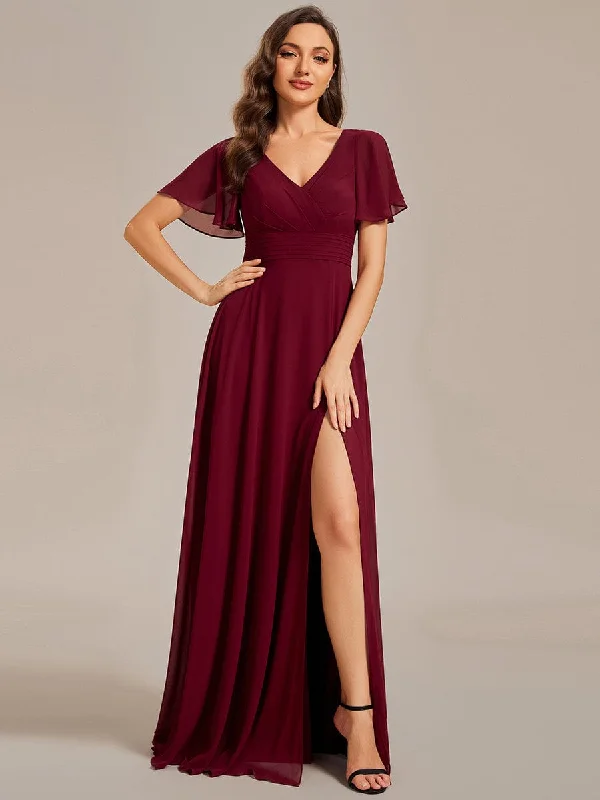 flowy evening dressBack See-Through Swing Collar Applique Ruffles Sleeve A-Line Evening Dress