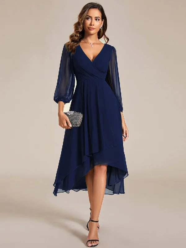 casual day dressLaura | Long Sleeves Asymmetrical Hem A-Line Midi Wedding Guest Dress