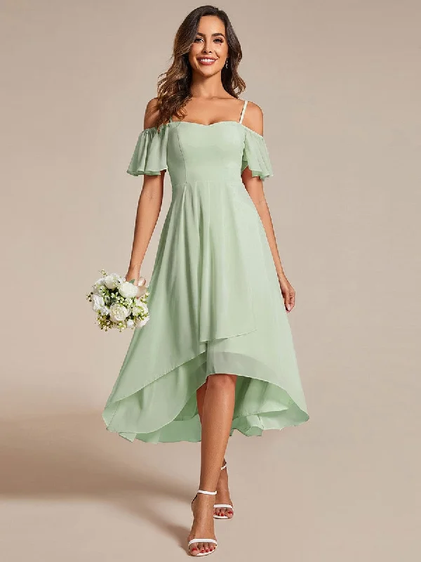 floral wrap dressSpaghetti Strap Cold Shoulder Chiffon A-Line Midi Wedding Guest Dress