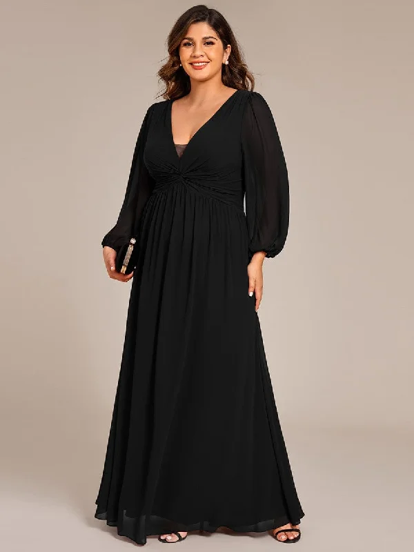 party-ready dressRuth | Plus Size A-Line Pleated Long Lantern Sleeves Chiffon Formal Evening Dress