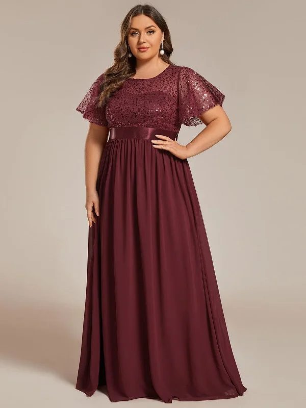 floral dressPlus Size Round-Neck Sequin High Waist Short-Sleeved Formal Evening Dress