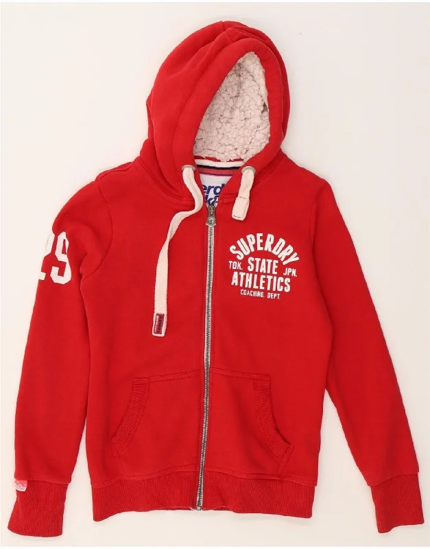 SUPERDRY Womens Track&Field Graphic Zip Hoodie Sweater UK 14 Medium Red