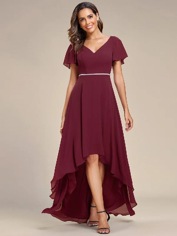 evening dressFlowy High-low Chiffon Ruffle Sleeves Bridesmaid Dress