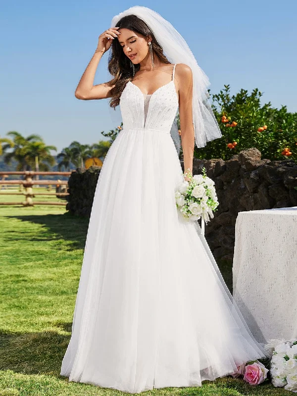 high-waisted dressV-Neck A-Line Wedding Dress featuring Delicate Pearl Accents