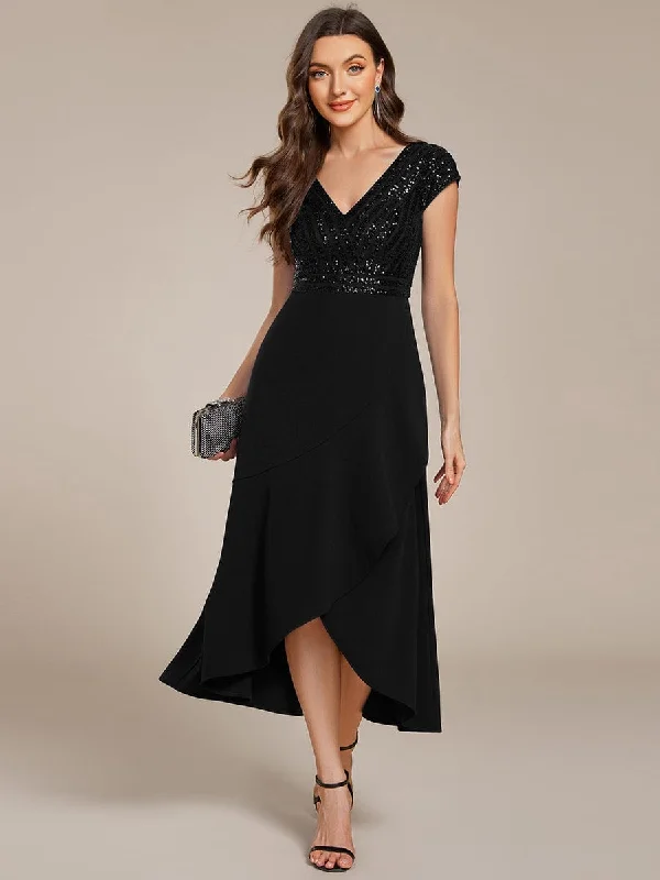 shift dressShort Sleeve V-Neck Midi Sequin Formal Dress with Chiffon