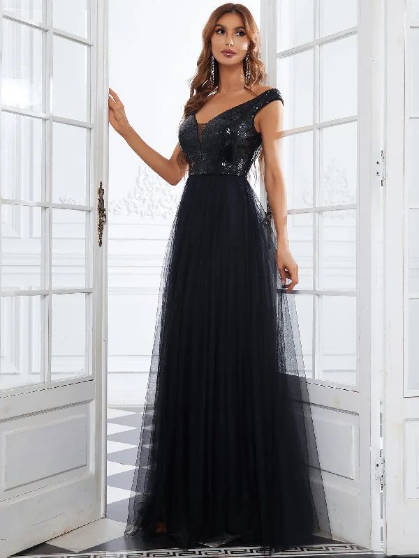 casual midi dressA-line Sequin Off the Shoulder Maxi Tulle Formal Evening Dress