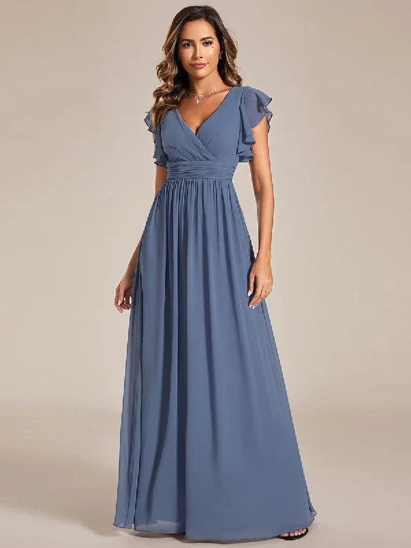 A-line dressBack Cutout A-Line Pleated Ruffles Sleeve Chiffon Bridesmaid Dress